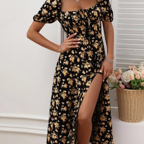 Black Allover Floral Knot Split Thigh A-line Dress - Picture 4 of 4
